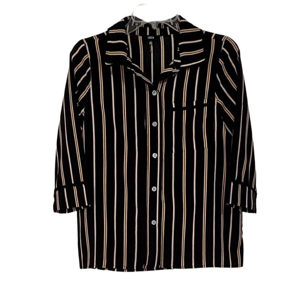 NWT LUCCA Couture Black Brown White Womens Small Blouse Button Front Faux Cuffs